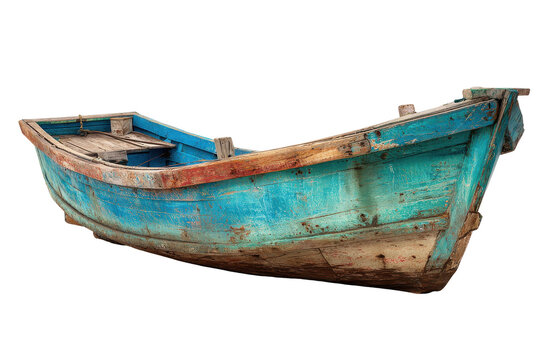 Weathered wooden boat a tale of time and tides isolated on transparent background. Weathered blue wooden fishing boat with rust details isolated on white background.