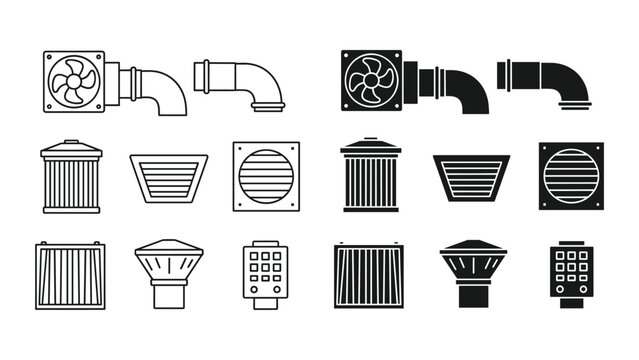 Ventilation and air conditioning icons set, hvac system equipment, industrial and residential ventilation vector illustration