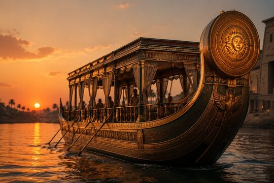 A majestic Nile barge with a gilded sun disk prow sailing at dusk on calm waters.