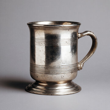 A vintage silver metal tankard mug with horizontal stripes and rustic details, standing upright against a clean, isolated white background.