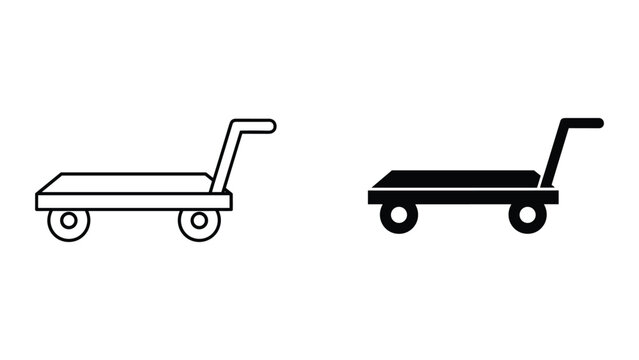 Flatbed trolley icon set, vector illustration of hand truck for warehouse or logistics, simple outline and solid black style, isolated on white background