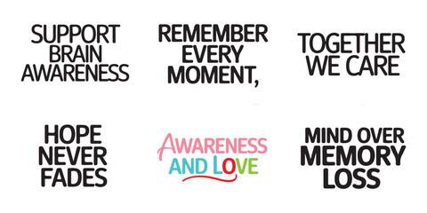 Fototapeta premium Brain awareness memory support quotes lettering designs collection for health education design projects.