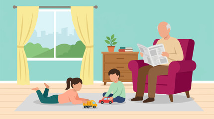 Fototapeta premium Grandfather reading and children playing with toys in a cozy living room