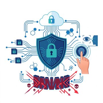 Digital security shield protecting data with biometric fingerprint scanning technology