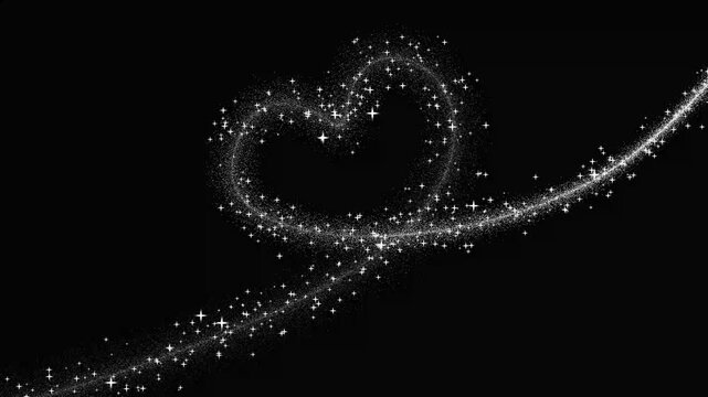 Elegant white sparkling heart frame animation, glowing neon light particles, valentine day background, black background overlay, romantic love effect, cinematic 4k loop motion graphic