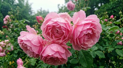 Fototapeta premium Elegant Pink Roses Oil Painting with Dew Drops on Soft Impressionist Floral Background