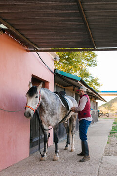 Man saddling dappled gray horse at stable