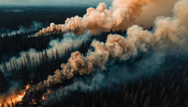 Bird's-eye aerial view over Canadian boreal forest engulfed in wildfire, thick amber smoke plumes rising against dark charred treeline, orange fire glow breaking through haze at dusk, cinematic
