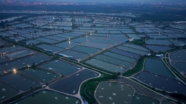 Aerial view captures vast aquaculture ponds at dusk at Sungai Udang, Penang
