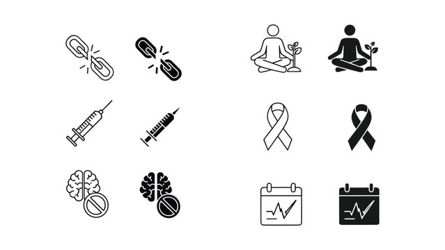 Set of medical and health icons including broken chain, meditation, syringe, awareness ribbon, brain with prohibition sign and medical calendar