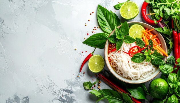 Nom Banh Chok is prepared with rice noodles, fresh herbs, lime, and chili. It is placed on a gray background with a variety of colorful vegetables and herbs around it