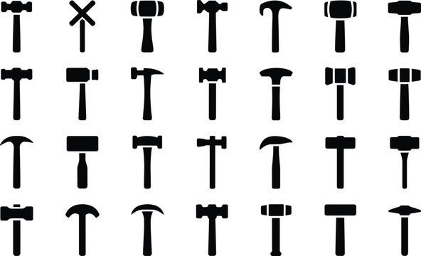 Black silhouette of hammer set isolated on white background, different type of hammers