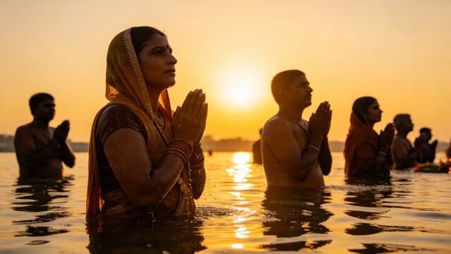 Female Devotee Praying In Ganges At Sunrise