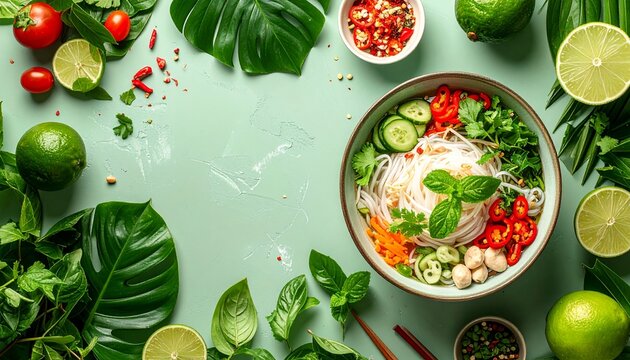 Nom Banh Chok rice noodles are served in a bowl with fresh herbs, sliced vegetables, and lime. The setting shows a variety of green leaves and colorful ingredients around the dish