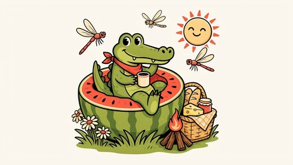 Obraz premium Crocodile sits inside a slice of watermelon while enjoying a picnic outdoors on a sunny summer day in the meadow.