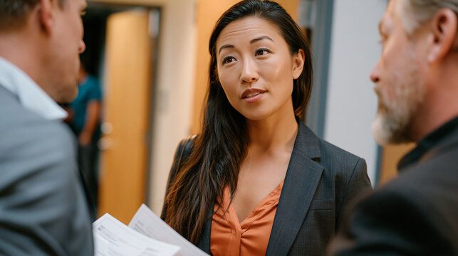 Administrative coordinator navigates between two senior colleagues who have stopped speaking to each other directly, visibly serving as a communication intermediary by holding printed memos from eac