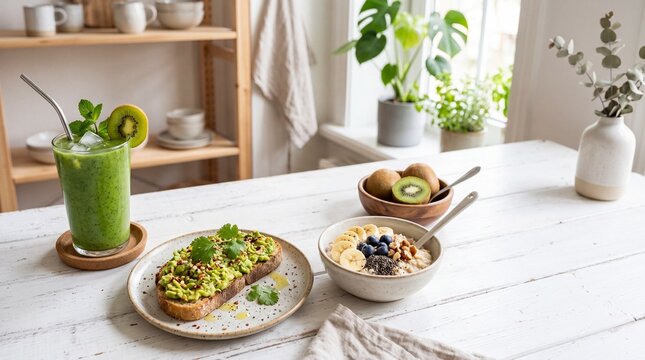 Healthy breakfast with green smoothie, avocado toast, and oatmeal