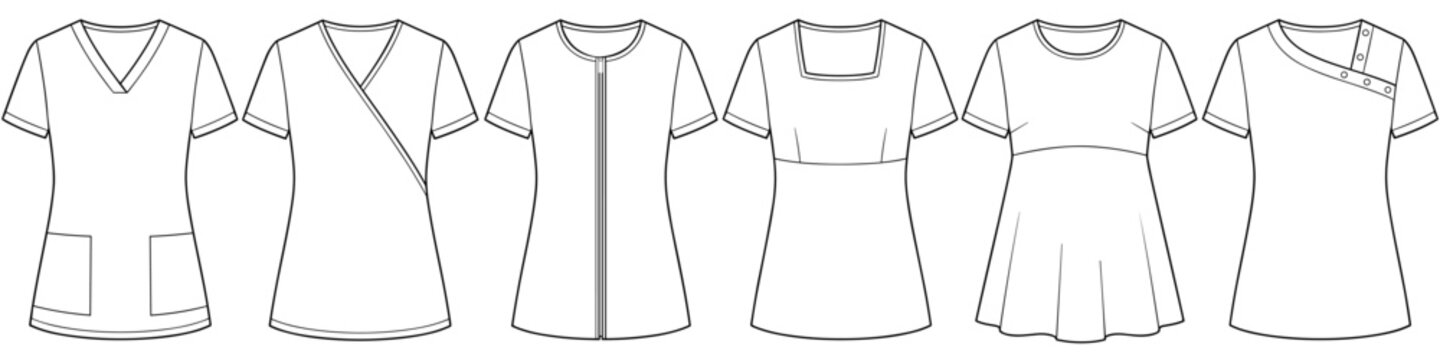 medical healthcare scrub tops with pockets technical drawing fashion flat sketch vector illustration template cad mockup