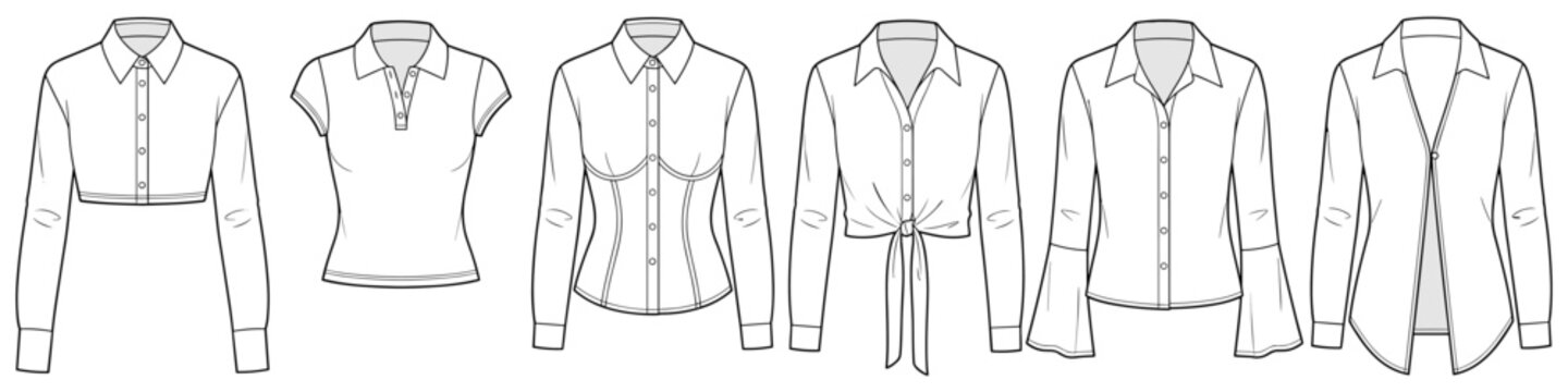 womens trendy corset and bell sleeve blouses technical drawing fashion flat sketch vector illustration template cad mockup
