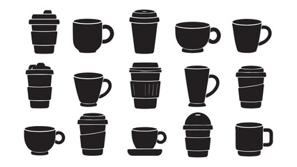 Fototapeta premium A comprehensive collection of various coffee mugs and takeaway cups in silhouette style isolated on a plain white background for design