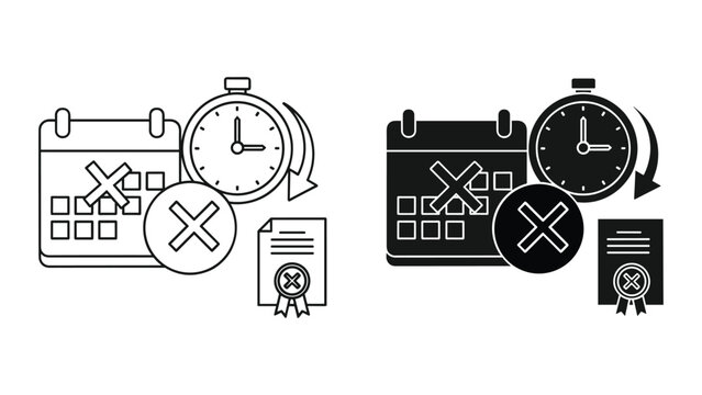 Set of icons representing cancelled appointments, missed deadlines, and rejected documents, featuring calendar, clock, and certificate symbols