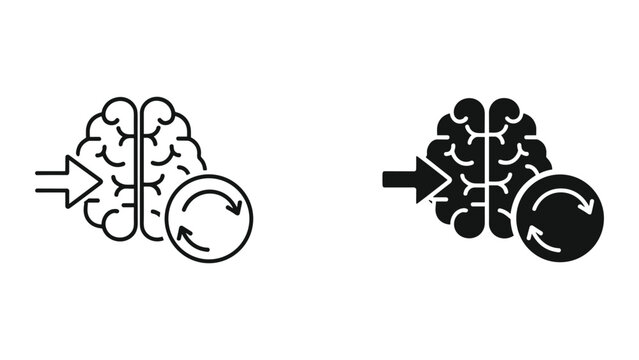 Brain with arrow and refresh icon, mental health and cognitive process concept, brain training and memory improvement vector icon set