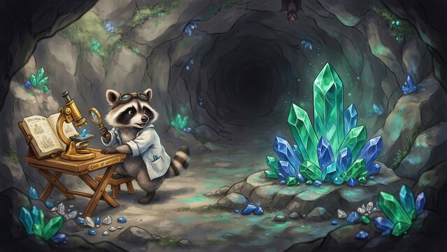 Raccoon scientist wearing a white lab coat examines glowing green crystals in a dark cavern with an old book.