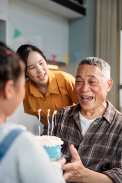 Family celebrates grandfather's birthday with cake and smiles