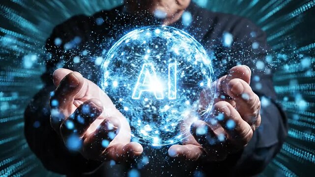 Hands holding glowing AI brain network globe.
