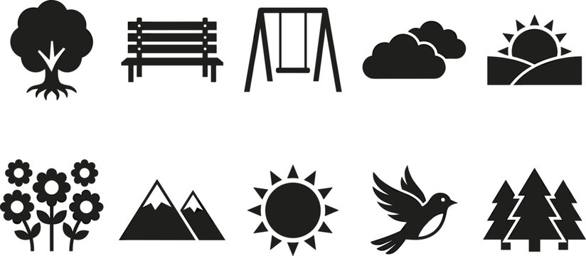 Park and outdoor nature icon set with trees bench swing clouds sun mountains flowers bird