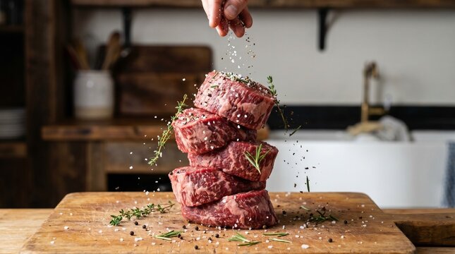 Premium Raw Beef Steaks with Sea Salt, Peppercorns, and Fresh Herbs on Rustic Wooden Board