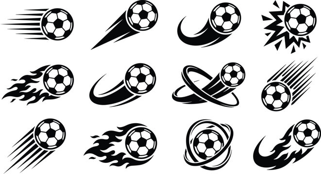 Soccer ball flying speed silhouette set with fire flames trail spin blast and dynamic sports