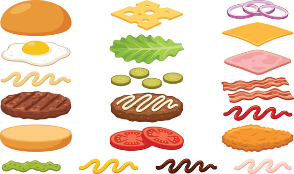 Burger construction elements vector set with bun patty cheese egg bacon sauce and lettuce illustrations