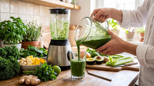 Woman pouring fresh green smoothie into glass in a home kitchen