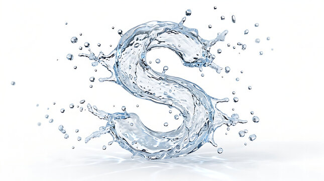 Letter S made of splashing water. Liquid alphabet character isolated on white background.