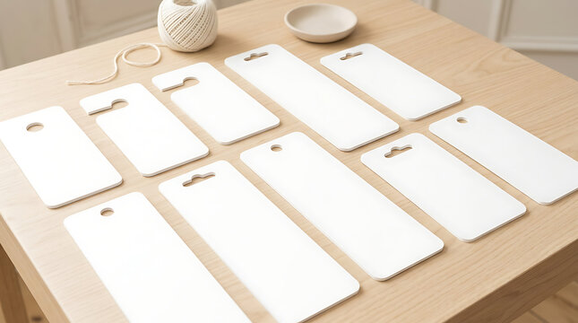 Blank White Retail Display Danglers Hanging on a Wooden Table Ready for Product Information and Branding