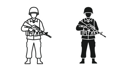 Fototapeta premium Set of soldier icons, military personnel with rifle, vector illustration isolated on white background