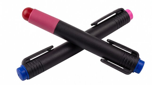 Two professional black markers with colorful caps arranged in an intersecting cross pattern on white background