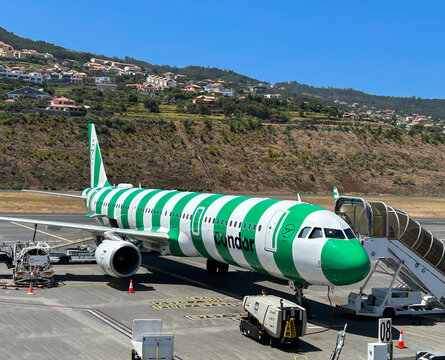 Aircraft Airbus A321 at the airport. Close-up. Funchal. Madeira. Portugal.