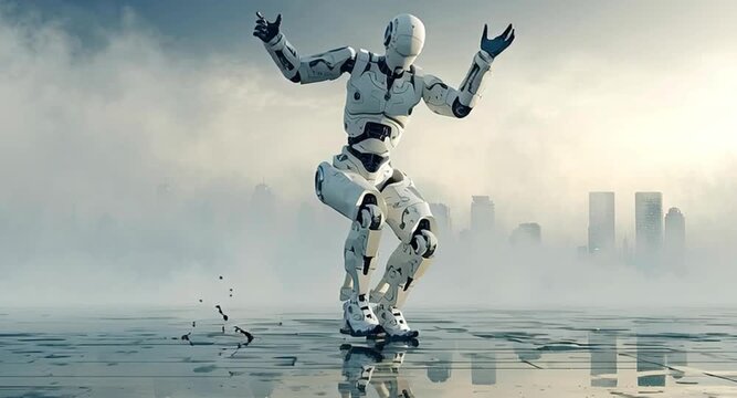 Sophisticated android performing energetic hip hop and breakdance moves on a wet, reflective surface, with a futuristic city skyline emerging from the dense fog in the background