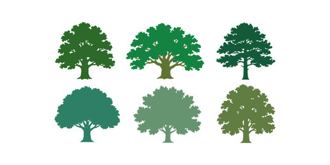 Fototapeta premium Collection of Six Green Tree Silhouettes in Various Shades and Styles on White Background