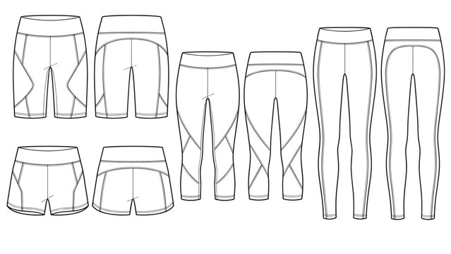 Set of geometric seam sport tight pants. Leggins, shorts, capris