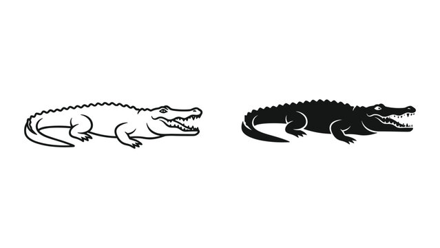 Set of two alligator icons, outline and silhouette style