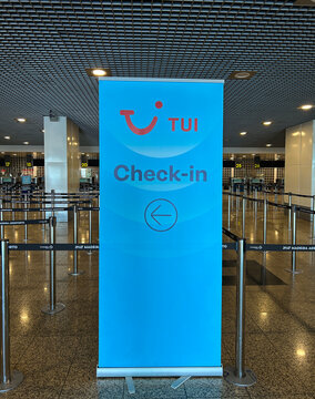 TUI Group logo on the banner at the airport. Close-up. Funchal. Madeira. Portugal.