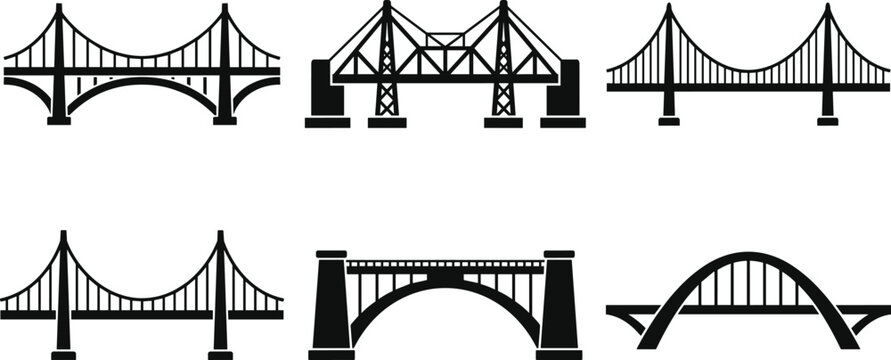 Bridge types silhouette icon set with suspension truss cantilever arch and civil engineering vector elements