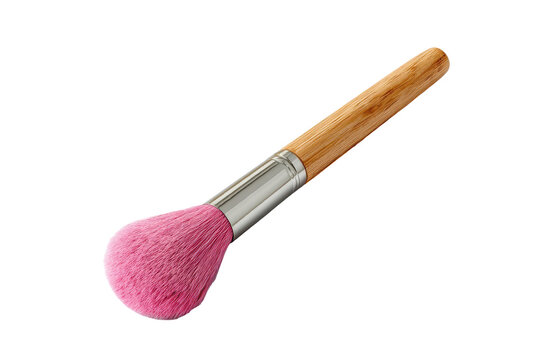 Elegant makeup brush with natural wooden handle and soft pink bristles isolated on transparent background. Pink makeup powder puff brush with wooden handle isolated on white background.