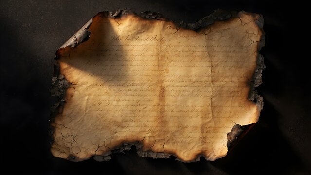 A charred scroll with burned edges reveals ancient script, hinting at lost knowledge and forgotten history.