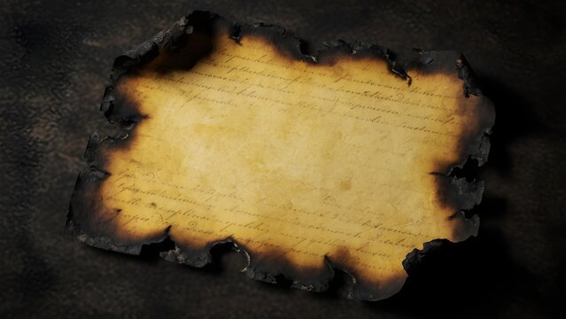 A weathered parchment, its edges charred and brittle, displays remnants of faded ink, hinting at forgotten stories and historical significance.