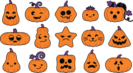 Fototapeta premium Cute Halloween pumpkin icons and jack o lantern collection on white background