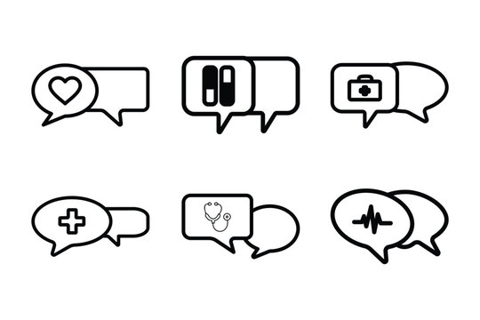 Set of healthcare and medical chat bubble line icons including heart, pills, first aid kit, cross, stethoscope, and heartbeat in black outline.